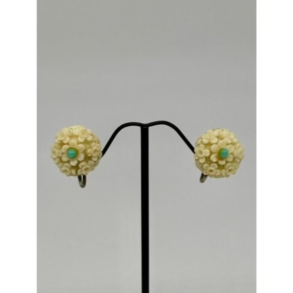 Vintage Earrings Carved Lucite/Resin Flowers Faux Turquoise Screw-Back, Unsigned - Picture 8 of 9
